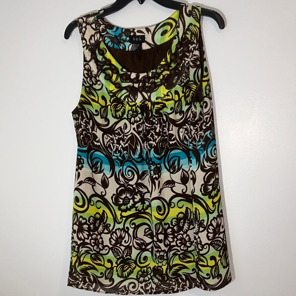 Floral Print Sleeveless Tank Top - Brown, Green,‎ Blue. bead necklace L flaws